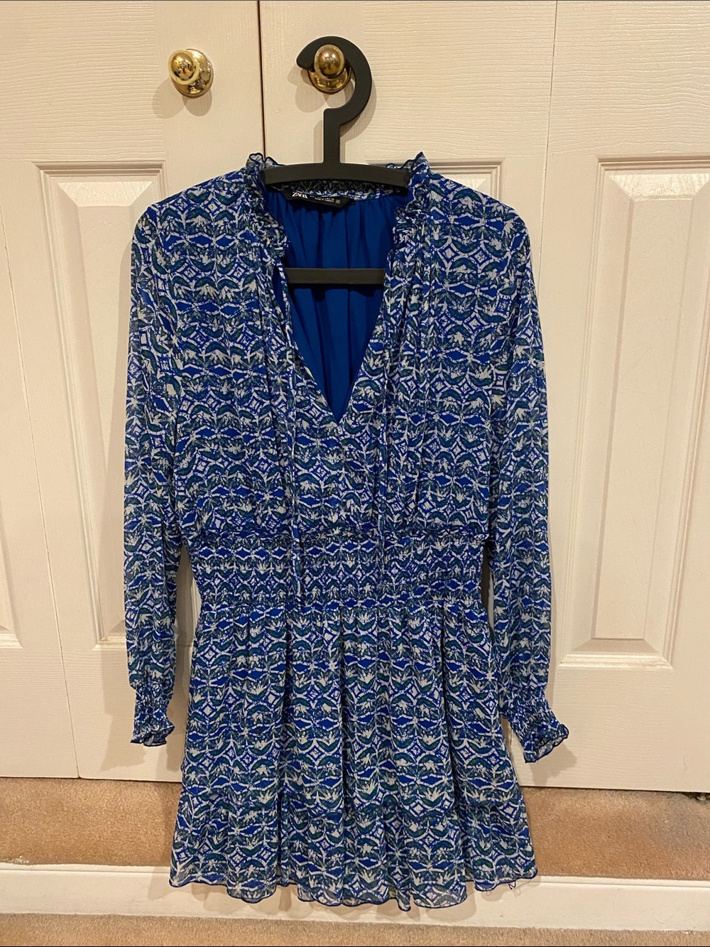 Zara Royal Blue & White Printed Long-Sleeve Smocked Dress